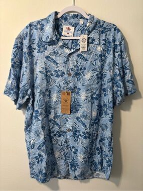 NWT Men’s Blue Palm Tree Print Floral Hawaiian Camp Shirt Medium